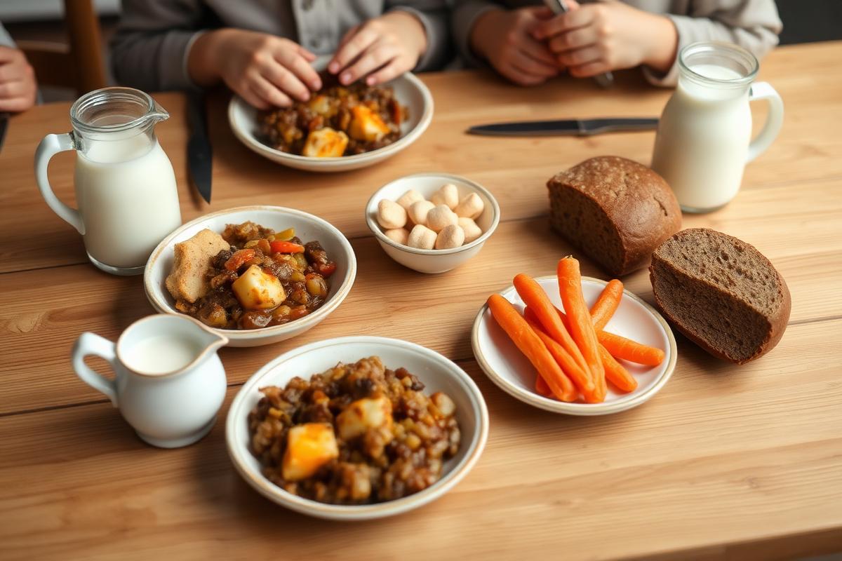Small bowls of a hot children's lunch with carrots, brown bread and milk on a wooden table