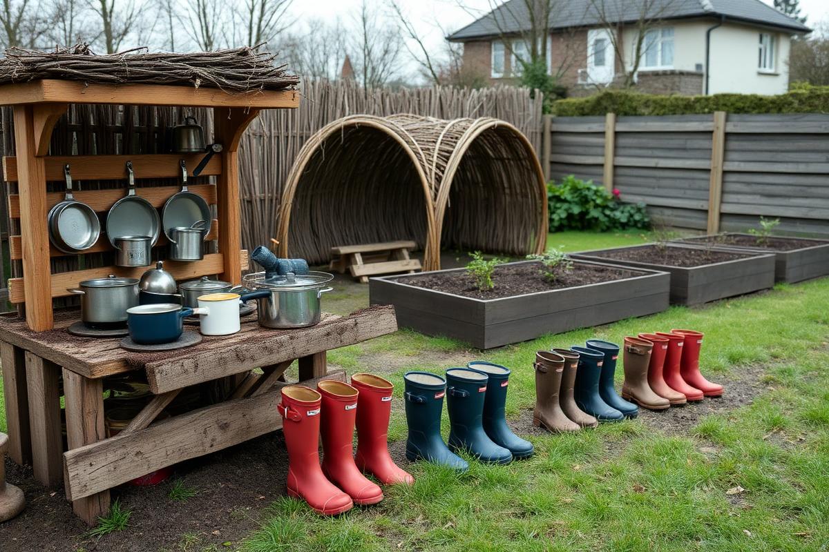 Outdoor play area with a mud kitchen, willow tunnel, raised beds and a row of wellington boots