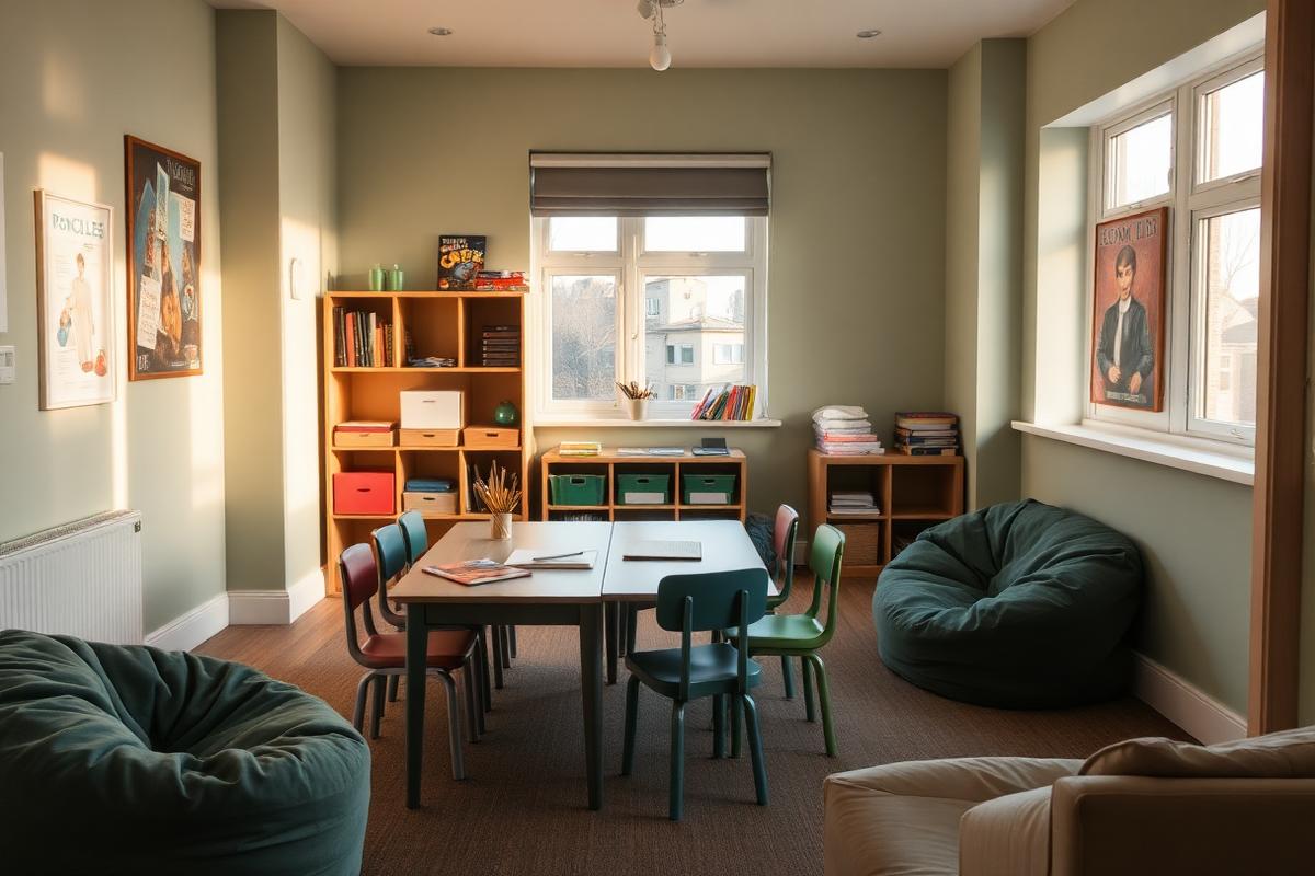 An after-school club room with a homework table, bookshelves and beanbags in evening light