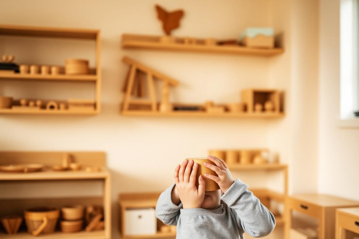Wooden Montessori materials arranged on low shelves in a bright classroom