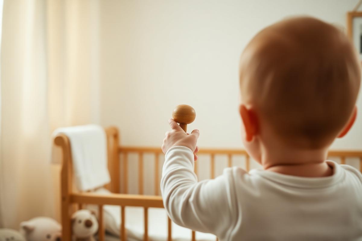 A baby seen from behind reaching for a wooden rattle beside a wooden cot in a bright, calm baby room