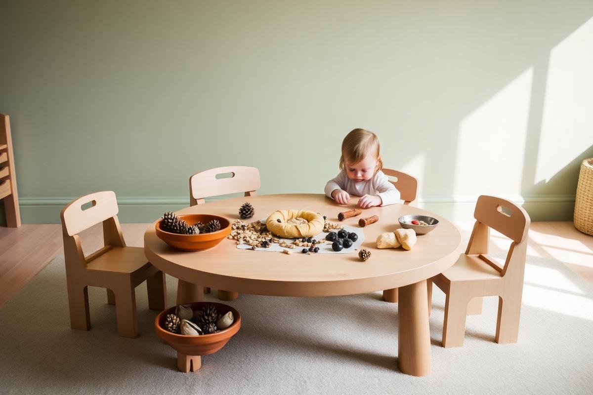 A low round wooden table set with pine cones, shells and dough in a sage green toddler room