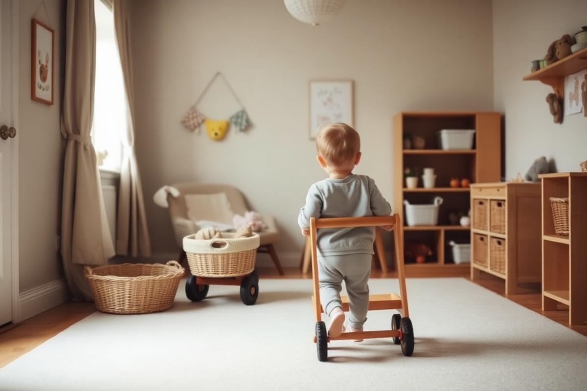 A toddler seen from behind pushing a wooden walker trolley across a soft rug